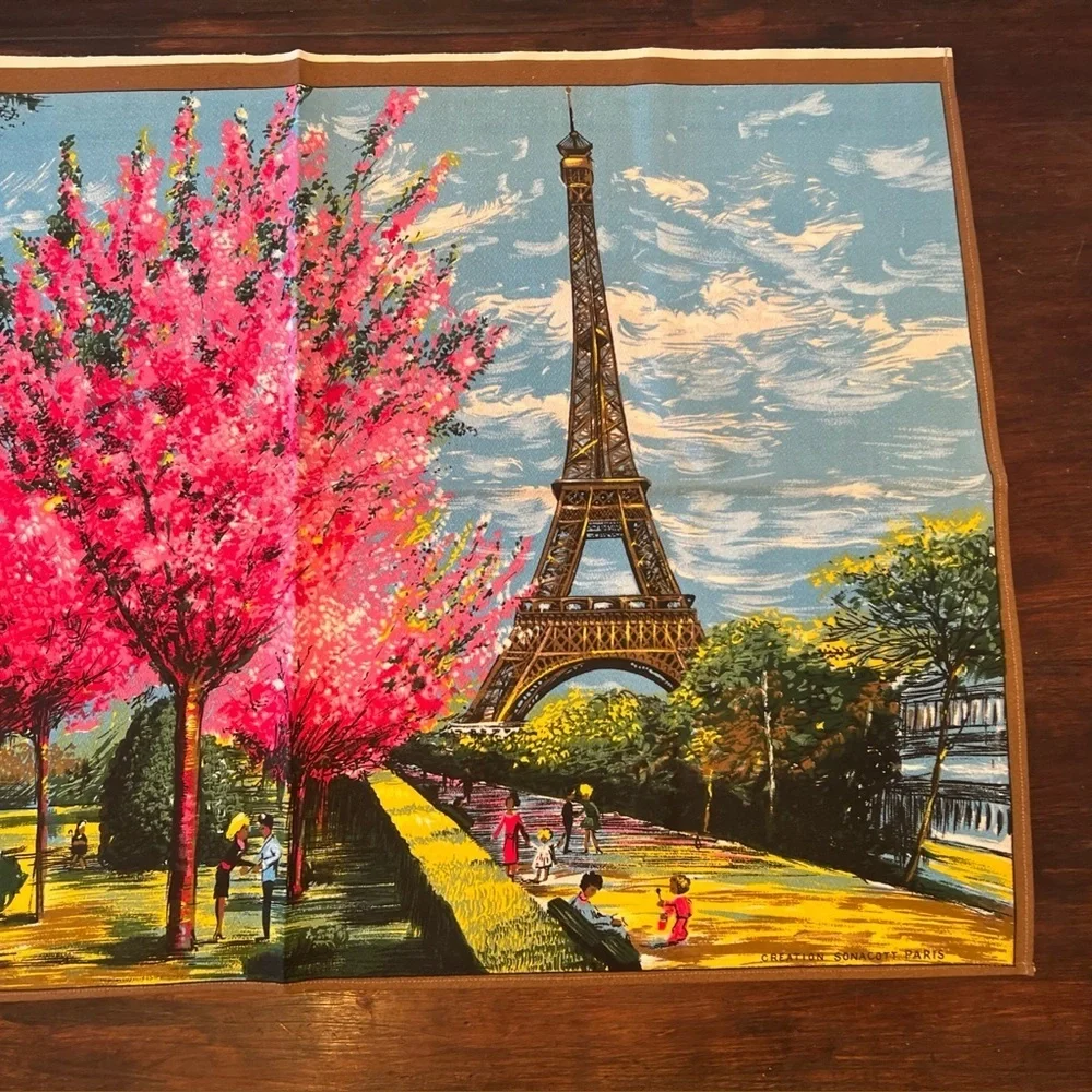 VTG 60s Sonacott Paris Midcentury Eiffel Tower Tea Towel Art 20x29 Retro French